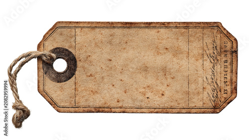 Vintage specimen tag with distressed paper texture and aged twine, rustic retro style, clean studio lighting, isolated on transparent background