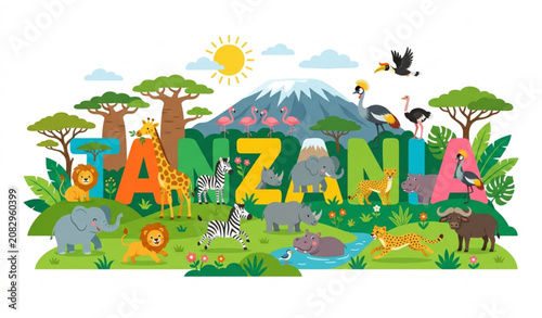 Photography Tanzania word typography with African safari animals vector illustration
