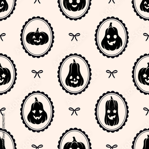 Seamless Halloween pumpkins pattern. Vector repeating background with black jack o lantern frames on cream backdrop.