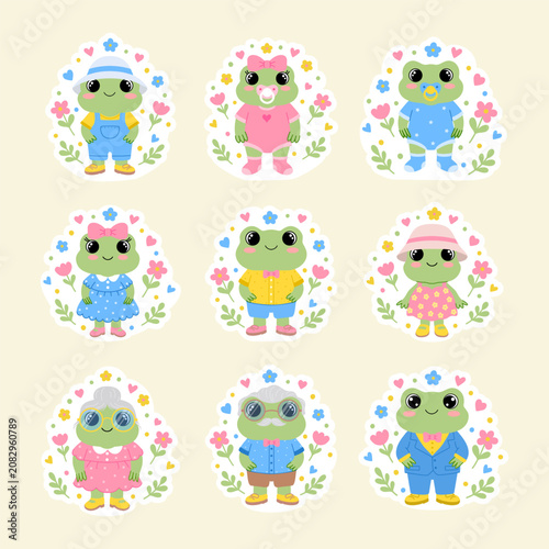 Vector frogs family stickers pack with flowers and hearts. Cartoon amphibian characters collection in outfits.
