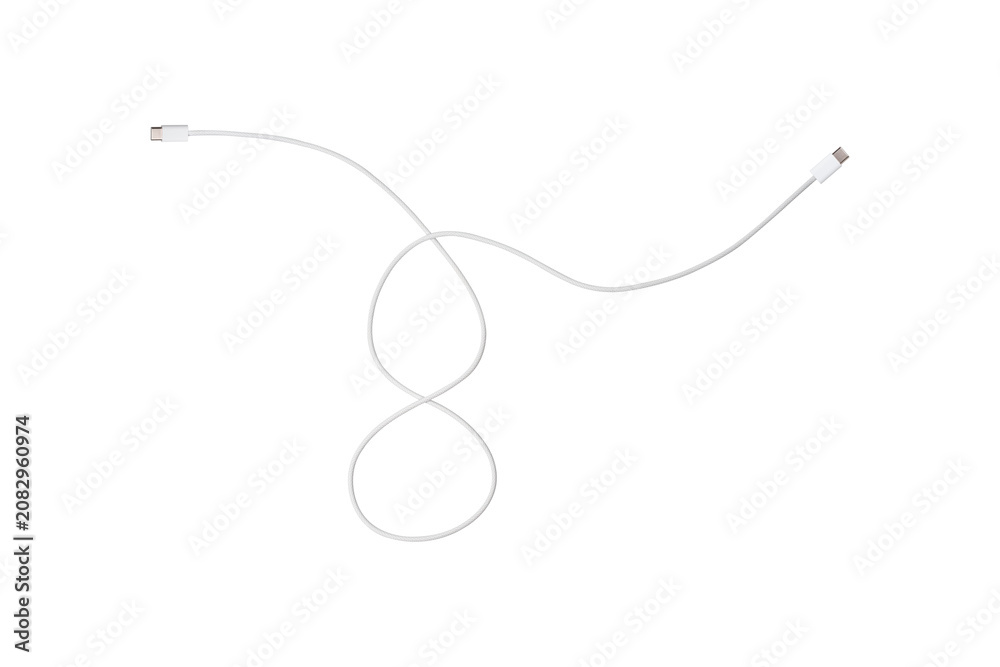 Obraz premium A white fabric-braided USB Type-C cable isolated on a transparent background. Ideal for concepts related to business technology, data transfer, connectivity and fast charging for modern devices.