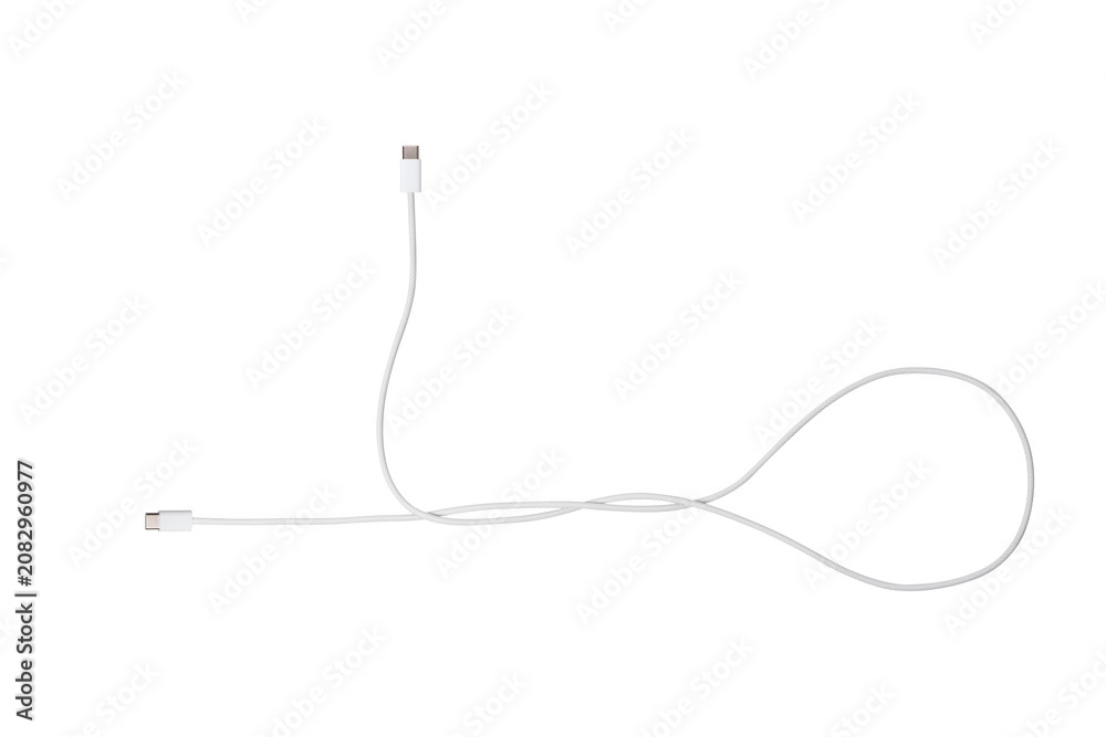 Obraz premium A white fabric-braided USB Type-C cable isolated on a transparent background. Ideal for concepts related to business technology, data transfer, connectivity and fast charging for modern devices.