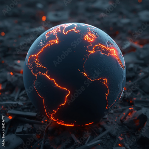3D render of planet Earth with glowing red volcanic coastlines sitting on a bed of dark debris, climate apocalypse concept
