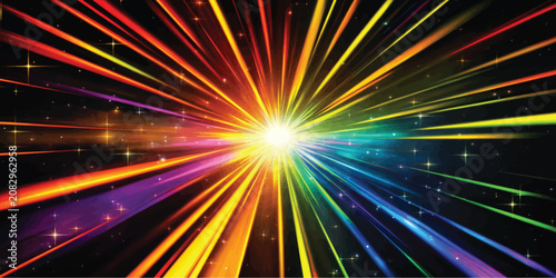 Schilderij op canvas Rainbow light burst with radial rays on dark background abstract spectrum backgr