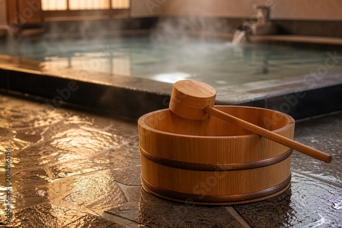 Traditional Japanese wooden bath bucket and bamboo ladle placed on the wet stone floor of a public bathhouse or hot spring