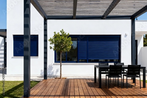 Modern Patio with Wooden Deck and Blue Shutters