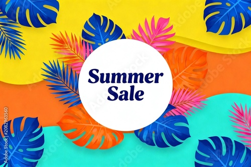 Vibrant Summer Sale Banner with Tropical Leaves