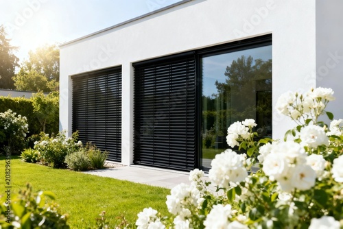 Modern White House with Black Blinds and White Flowers