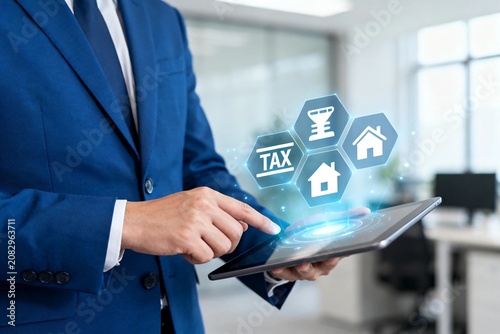 Businessman Using Digital Tablet with Tax and Home Icons