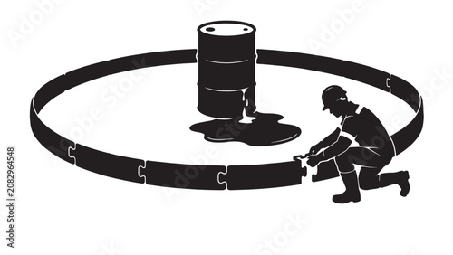 Obraz na plátně Worker installing a containment barrier around a leaking oil drum to prevent env
