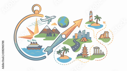 Compass guides travel destinations mountains islands city ancient ruins