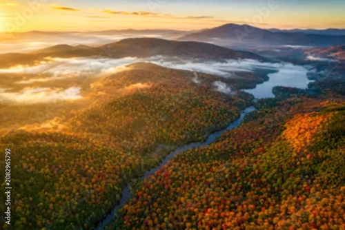 Photorealistic Drone Aerial View of Autumn Mountain Forest, Colorful Foliage, Rivers and Morning Fog 8K