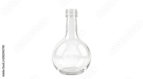 Clear glass bottle with round body and narrow neck, isolated on a clean white background, perfect for product photography, decoration, and packaging concepts.
