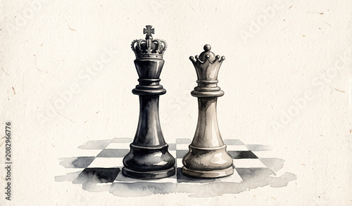Elegant watercolor illustration of a black king and white queen standing on a chess board grid