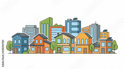Colorful row of diverse houses and tall modern buildings
