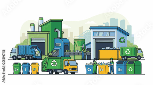 Colorful scene of recycling facilities and trucks with recycling bins