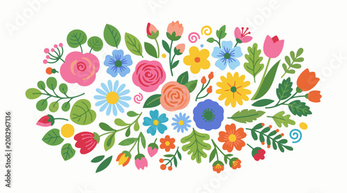 Colorful spring flowers with green leaves arranged in an oval shape