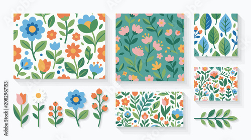 Colorful spring floral patterns and individual botanical elements