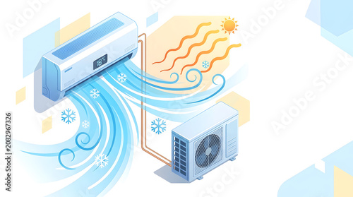 Modern split air conditioner unit blowing cold freezing air to cool interior space during hot summer