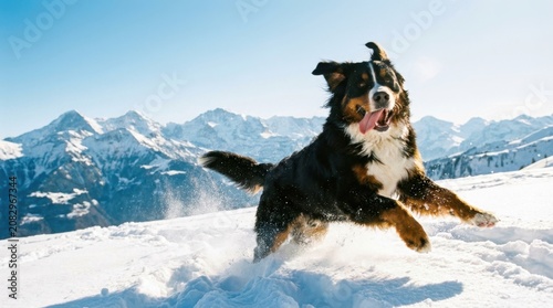 Bernese Mountain Dog Joyfully Leaping Through Snowy Landscape with Majestic Mountain Backdrop.