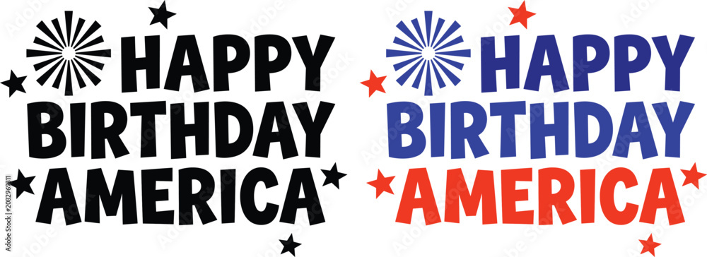 Obraz premium Happy Birthday America Text Design - Patriotic Independence Day July 4th Celebration Vector with Fireworks and Stars, Red White Blue Typography Illustration Set