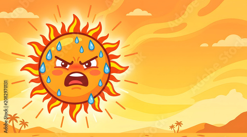 Intensely sweating and angry cartoon sun vividly depicts a scorching heatwave in a vibrant desert, symbolizing extreme summer weather and the discomfort of high temperatures