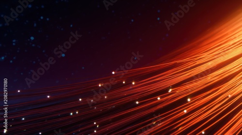 Glowing orange fiber optics with scattered light on a dark starry background