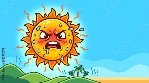 Vivid cartoon illustration of an angry, sweating sun radiating intense heat over a parched landscape, depicting a sweltering summer day or environmental heatwave