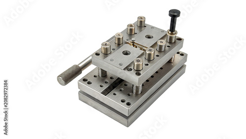 Industrial metal sliding linear guide block hardware component isolated on a transparent background