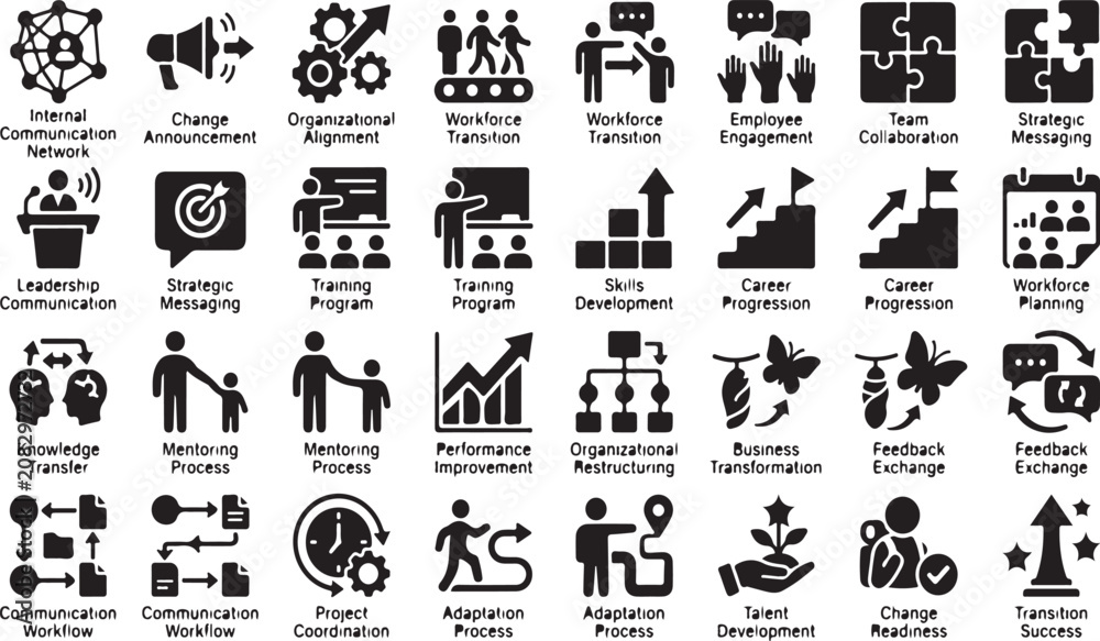 Fototapeta premium Set of black corporate business management and human resources development icons vectors with vectors.eps