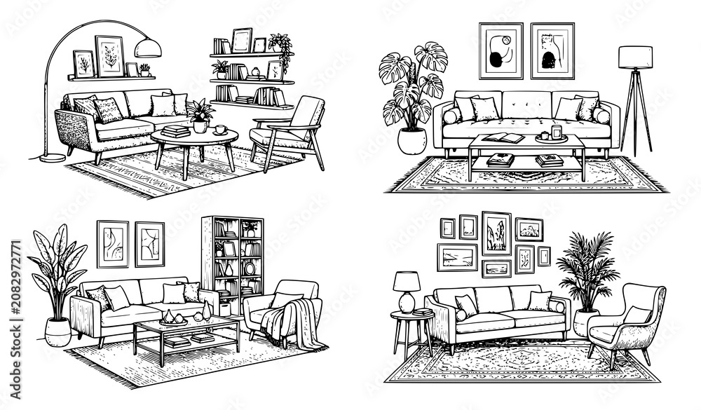 Obraz premium Living Room Interior Engraving Vector Collection in Black and White