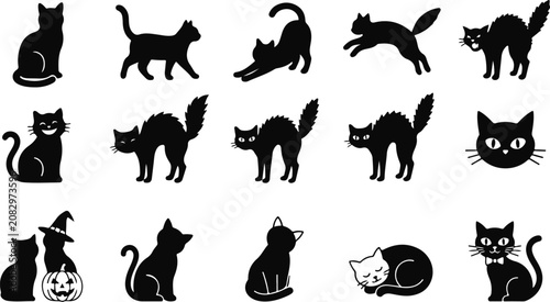 Halloween Black Cat Icons Collection - Cute, Sitting, Walking and Scared Cat Silhouette Vector Set