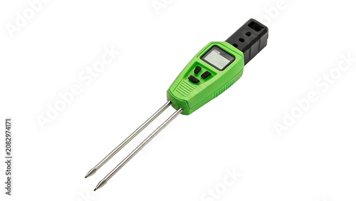 Digital kitchen food probe thermometer with green handle isolated on a transparent background