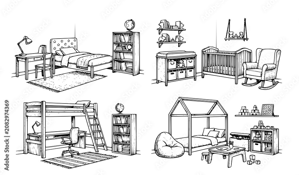 Obraz premium Children's Room Interior Engraving Vector Collection in Black and White