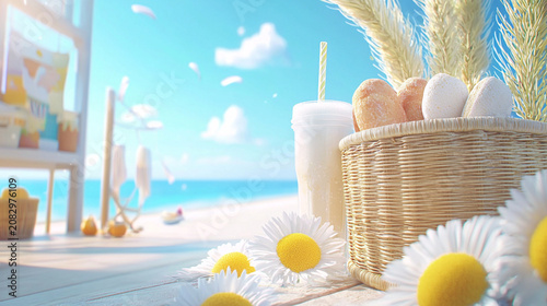 A serene beach scene with a wicker basket filled with bread and eggs, a smoothie, and daisies in the foreground under a blue sky.