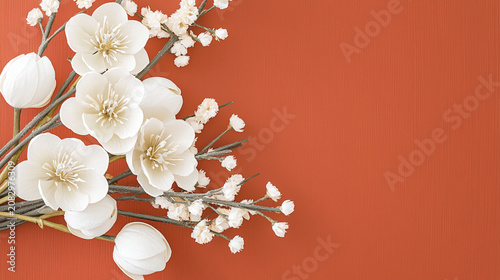 Elegant white flowers and buds arranged artistically on a textured rust-colored background, creating a minimalist and serene floral composition.