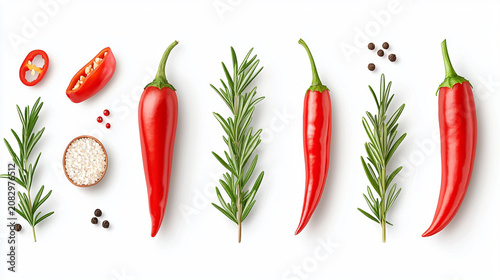 Red chili peppers, rosemary sprigs, salt, and peppercorns arranged neatly on a white background.