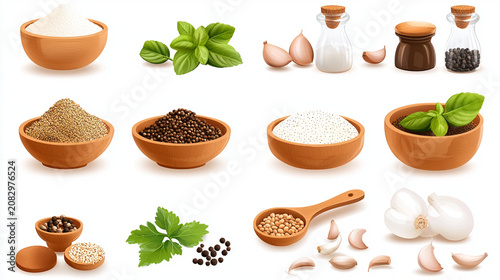 Various spices and herbs including salt, basil, garlic, peppercorns, and seeds displayed in wooden bowls and spoons.