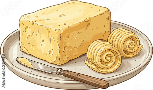 Tableau sur toile A block of fresh dairy butter with two curls and a spreader knife served on a ce