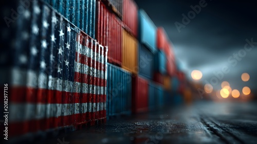 Row of shipping containers with United States flag on the front. Import tax and trade war policy concept.
