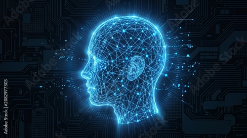 A glowing blue wireframe human head in profile made of interconnected lines and nodes, set against a dark circuit‑board background. The image evokes neural networks, data flow, and the fusion of human