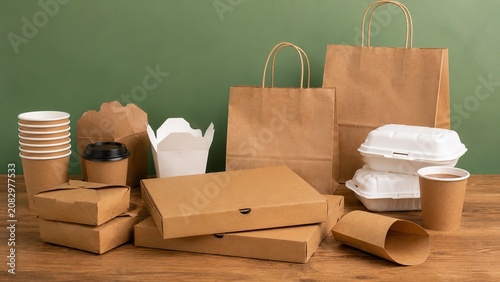 Assortment of takeaway food packaging including paper bags, pizza boxes, coffee cups, and disposable containers on table, Concept of food delivery, takeout service, restaurant packaging, catering