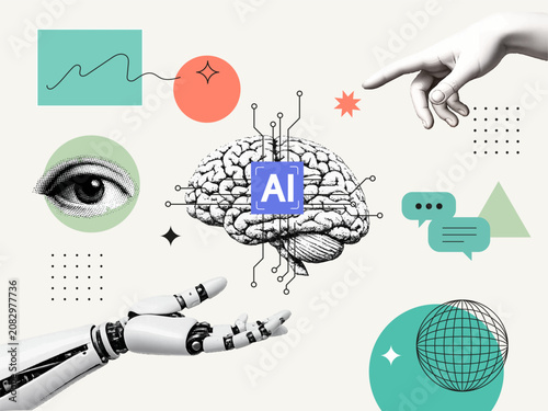 Modern artificial intelligence collage with human and robotic hands, brain, eye, chat icons and geometric shapes. Minimal AI technology concept in trendy editorial style.