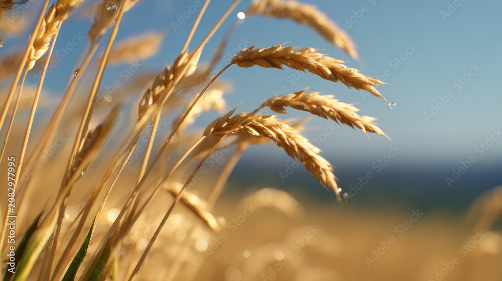 Fototapeta premium Golden wheat stems sway gently in the sunlit field, droplets glistening against a clear blue sky