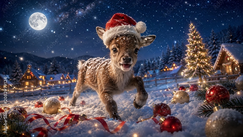 Fototapeta premium Baby Reindeer in Santa Hat Under Full Moon in Snowy Christmas Night