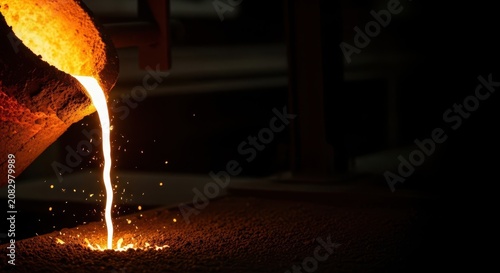 Close up of glowing, bright molten metal being poured from a ladle or crucible in a dark industrial environment, ore, ladle, silver