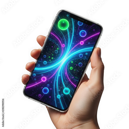 Hand holding smartphone with colorful neon light effects