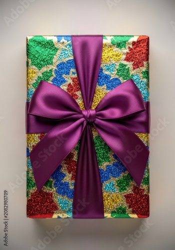 Elegant present wrapped in shimmering decorative paper and tied with a perfect silk bow, symbolizing surprise and celebration, occasion, sealed, premium
