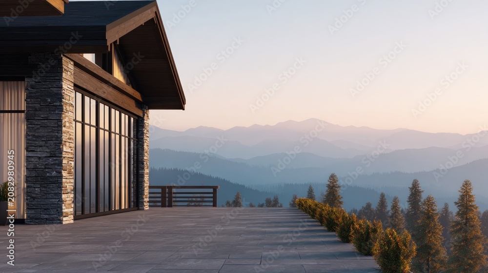 Fototapeta premium Modern house with stone facade and glass windows overlooks serene mountain range at sunrise