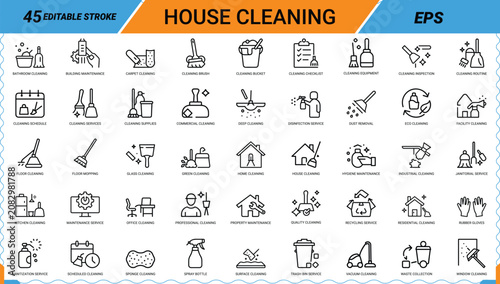 Tableau sur toile House cleaning icon set featuring line art illustrations of domestic sanitization tools